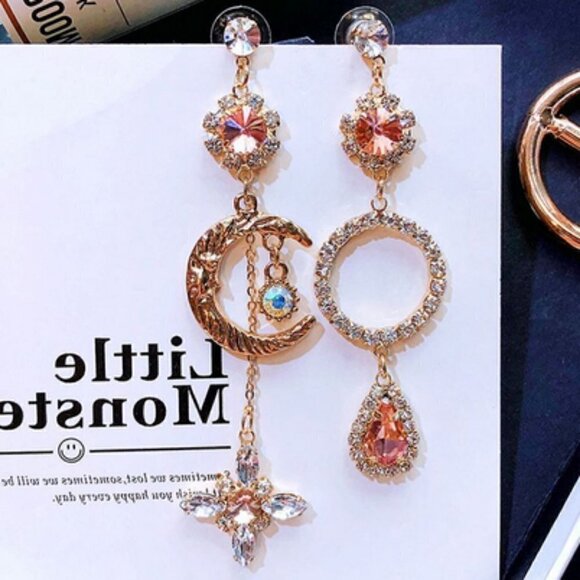 Boho Asymmetricall Moon  crystal earrings - Picture 2 of 8